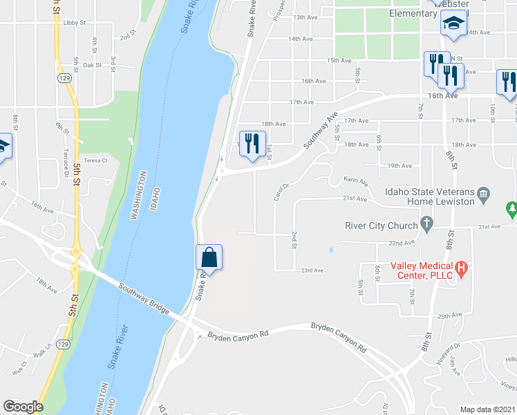 map of restaurants, bars, coffee shops, grocery stores, and more near 2113 1st Street in Lewiston