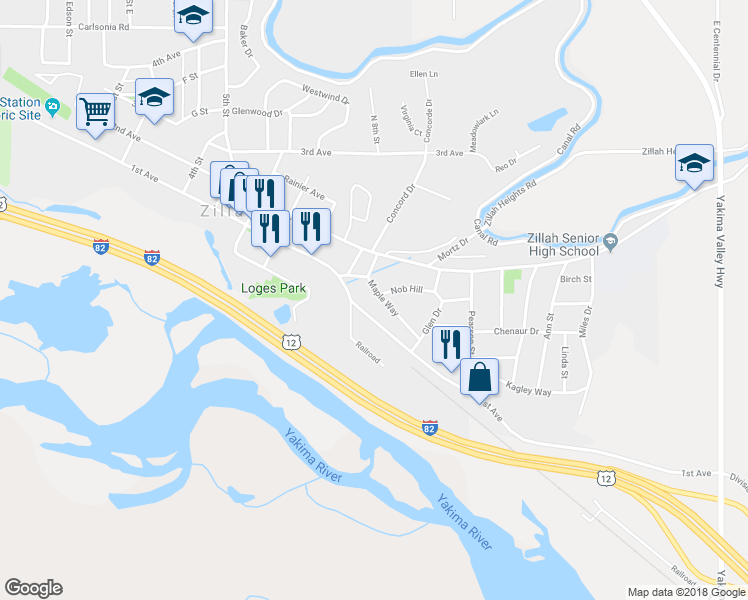 map of restaurants, bars, coffee shops, grocery stores, and more near 1008 Maple Way in Zillah