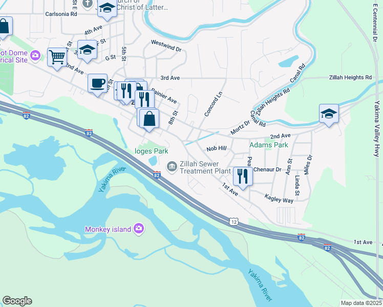 map of restaurants, bars, coffee shops, grocery stores, and more near 905 1st Ave in Zillah