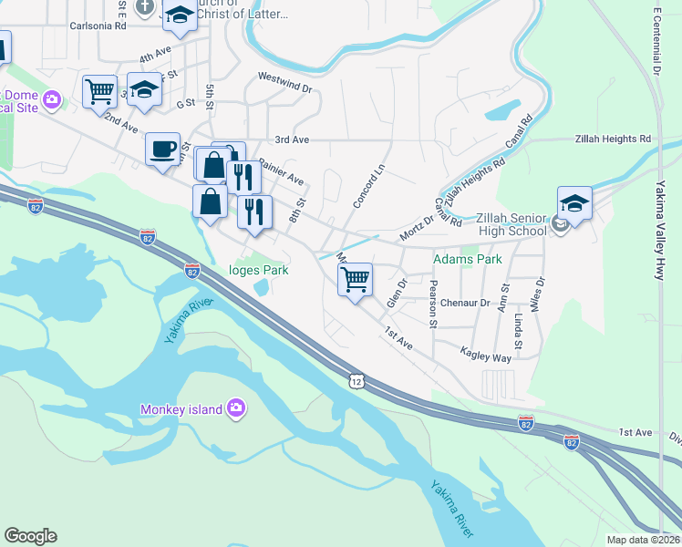 map of restaurants, bars, coffee shops, grocery stores, and more near 905 1st Ave in Zillah
