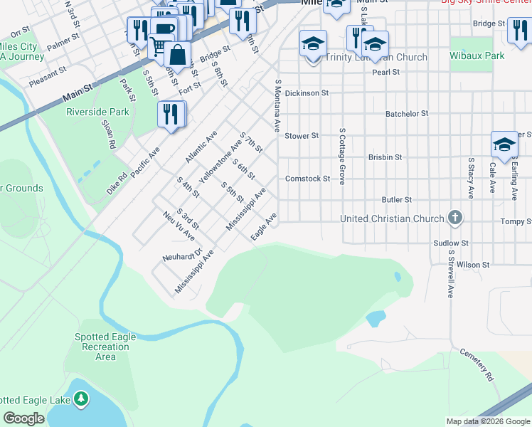 map of restaurants, bars, coffee shops, grocery stores, and more near 620 South 5th Street in Miles City