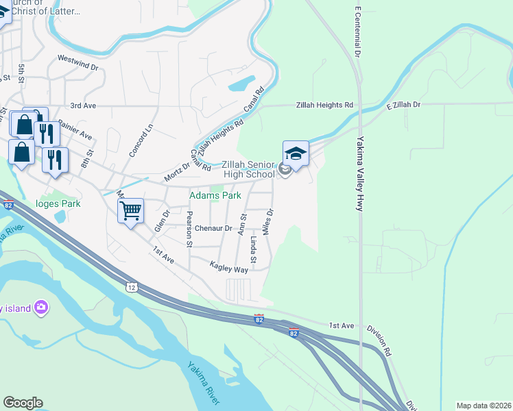 map of restaurants, bars, coffee shops, grocery stores, and more near 1505 Walnut St in Zillah