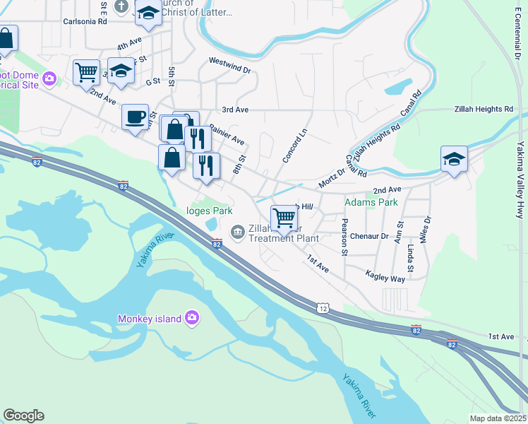map of restaurants, bars, coffee shops, grocery stores, and more near 905 1st Ave in Zillah