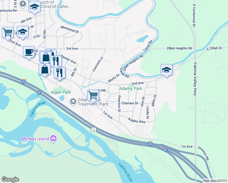 map of restaurants, bars, coffee shops, grocery stores, and more near 1207 Bartlett Avenue in Zillah