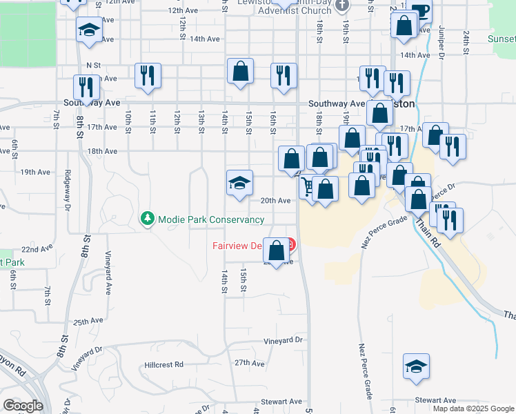 map of restaurants, bars, coffee shops, grocery stores, and more near 1514 20th Avenue in Lewiston