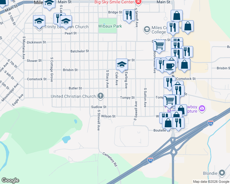 map of restaurants, bars, coffee shops, grocery stores, and more near 913 South Cale Avenue in Miles City