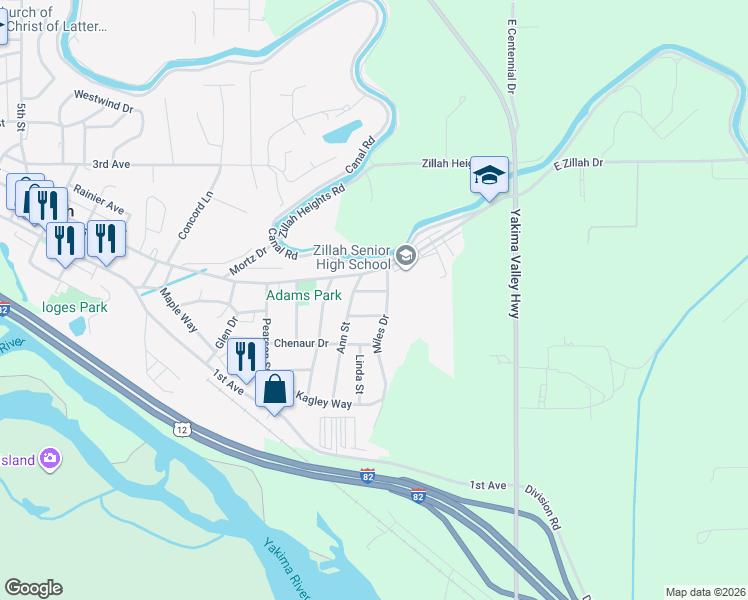 map of restaurants, bars, coffee shops, grocery stores, and more near 1505 Walnut Street in Zillah