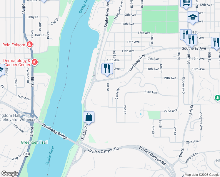 map of restaurants, bars, coffee shops, grocery stores, and more near 2113 1st Street in Lewiston