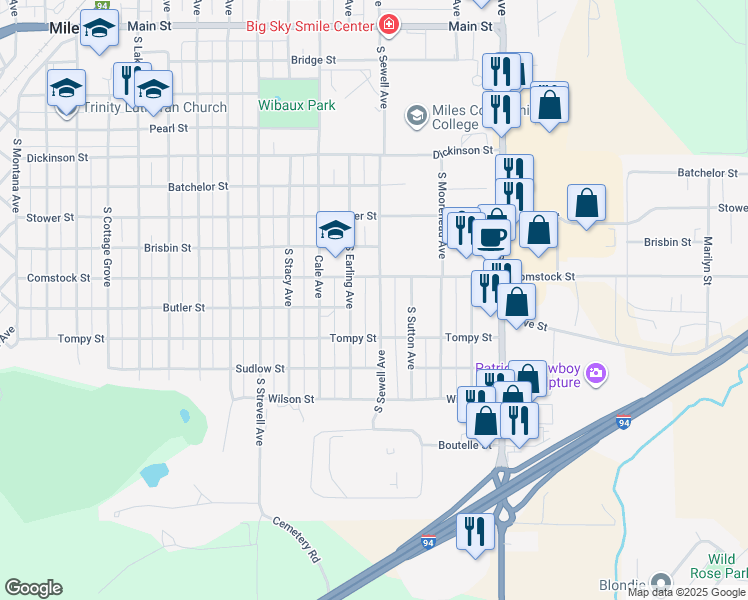 map of restaurants, bars, coffee shops, grocery stores, and more near 2517 Comstock Street in Miles City