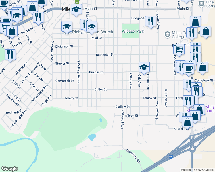 map of restaurants, bars, coffee shops, grocery stores, and more near 2001-2099 Comstock Street in Miles City