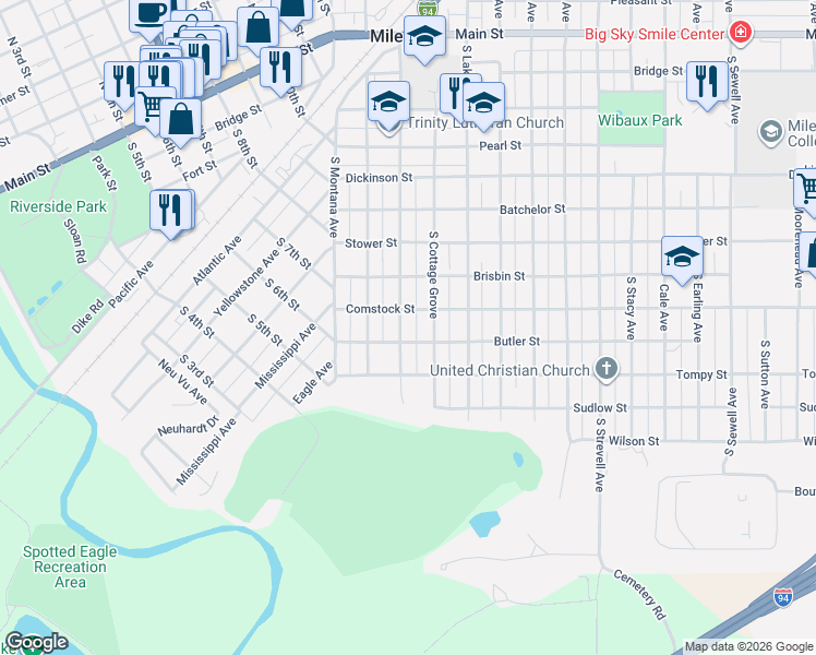 map of restaurants, bars, coffee shops, grocery stores, and more near 1601-1699 Comstock St in Miles City