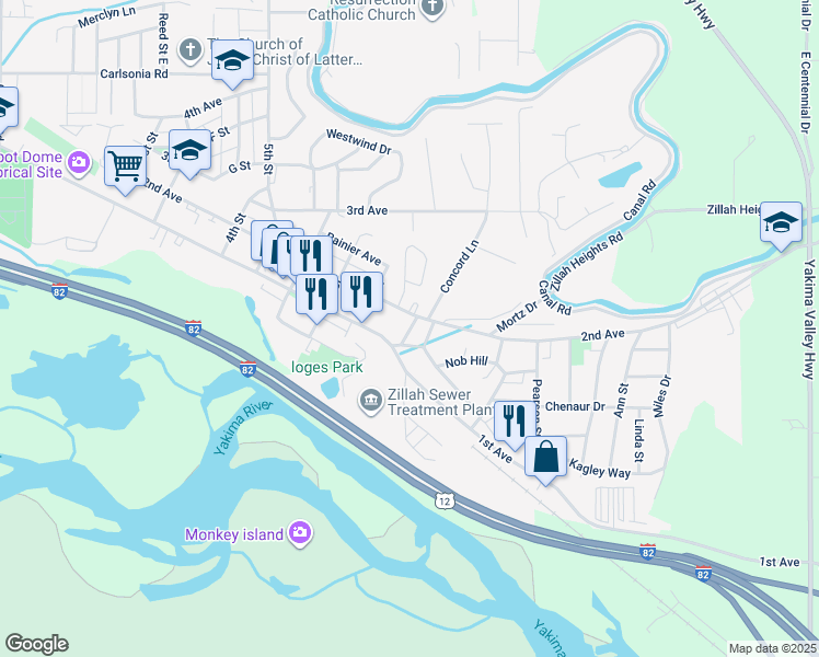 map of restaurants, bars, coffee shops, grocery stores, and more near 817 2nd Avenue in Zillah