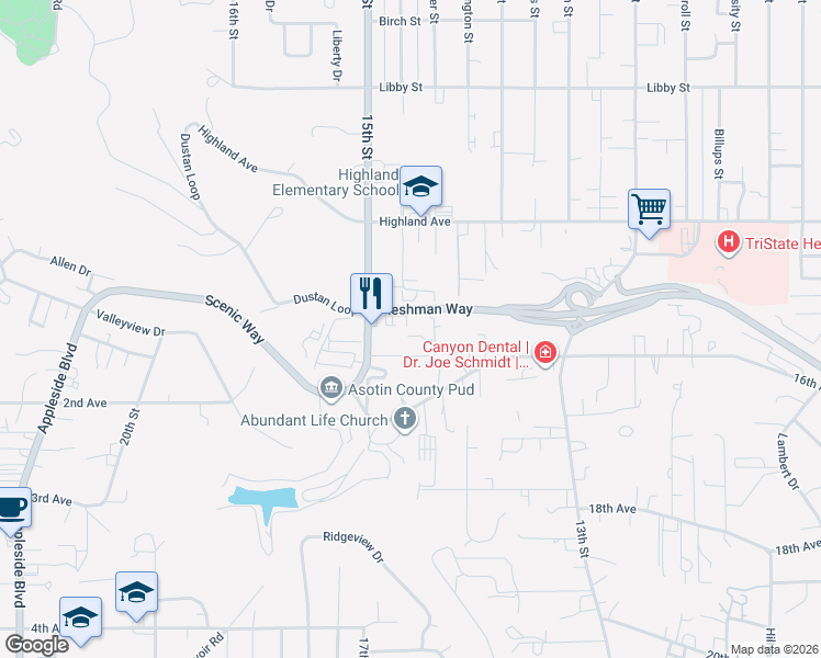 map of restaurants, bars, coffee shops, grocery stores, and more near Fleshman Way in Clarkston