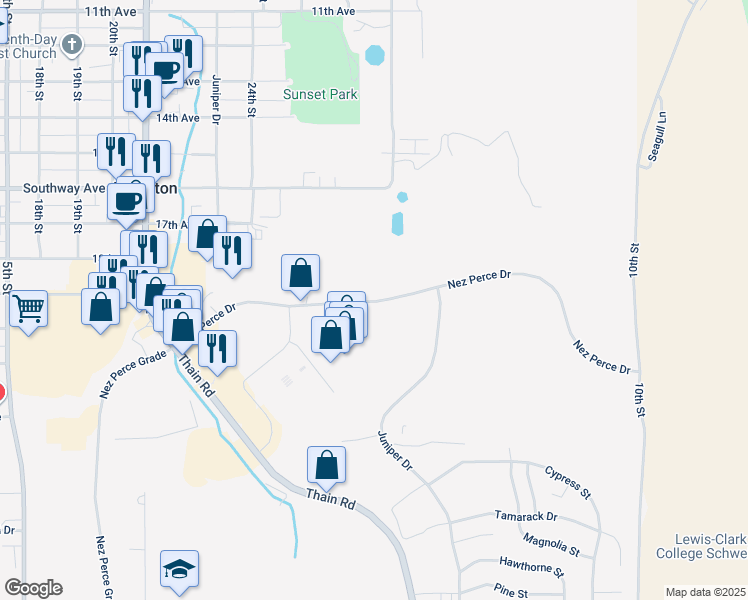 map of restaurants, bars, coffee shops, grocery stores, and more near 2437-2485 Nez Perce Drive in Lewiston