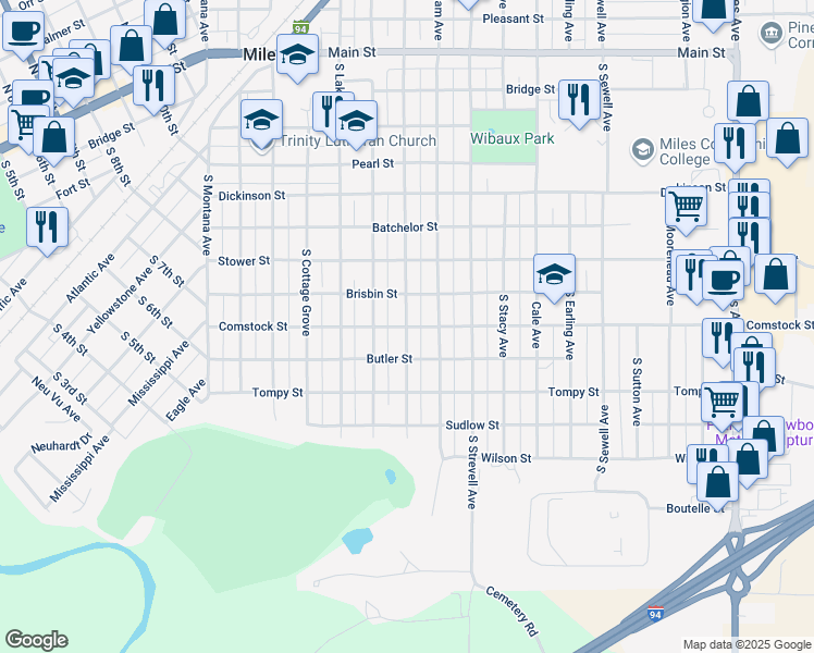 map of restaurants, bars, coffee shops, grocery stores, and more near 2001 Comstock Street in Miles City