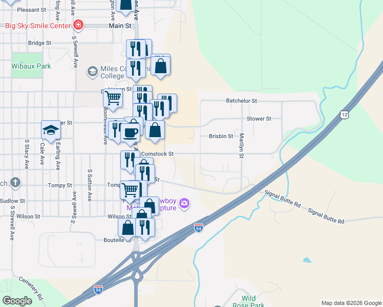 map of restaurants, bars, coffee shops, grocery stores, and more near 3301 Comstock Street in Miles City