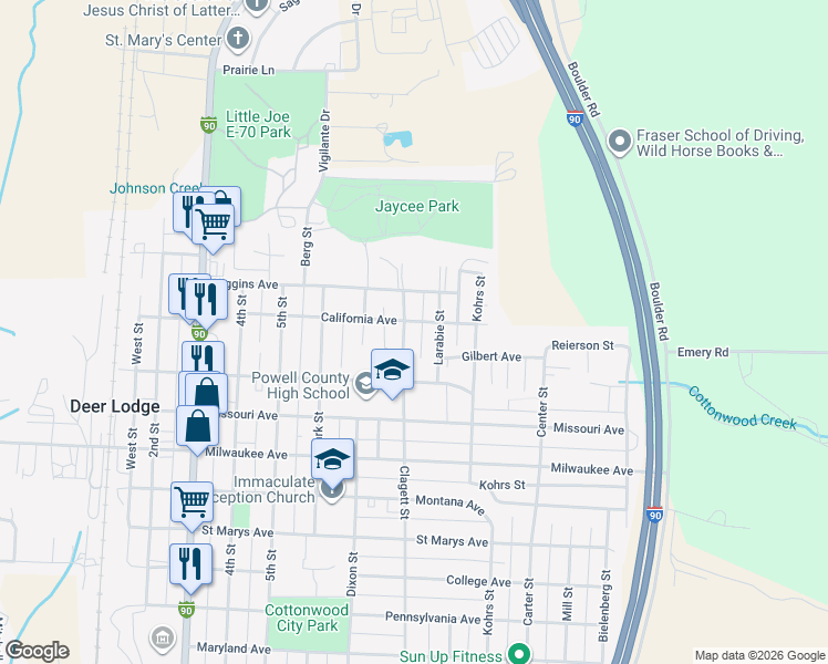 map of restaurants, bars, coffee shops, grocery stores, and more near 804 California Avenue in Deer Lodge