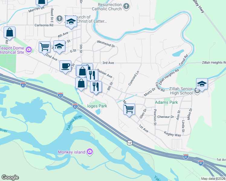 map of restaurants, bars, coffee shops, grocery stores, and more near 806 2nd Avenue in Zillah