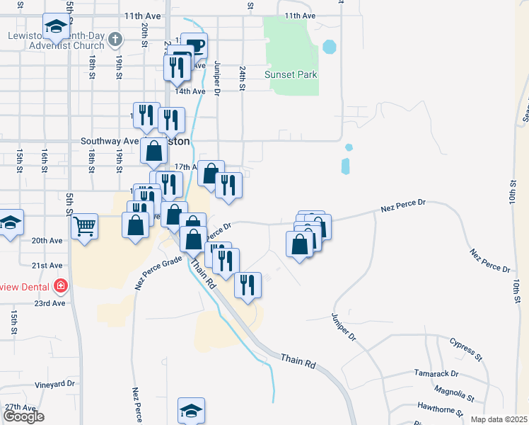 map of restaurants, bars, coffee shops, grocery stores, and more near 2437 Nez Perce Drive in Lewiston