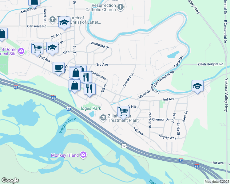map of restaurants, bars, coffee shops, grocery stores, and more near 817 2nd Avenue in Zillah