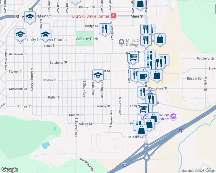 map of restaurants, bars, coffee shops, grocery stores, and more near 2517 Comstock Street in Miles City