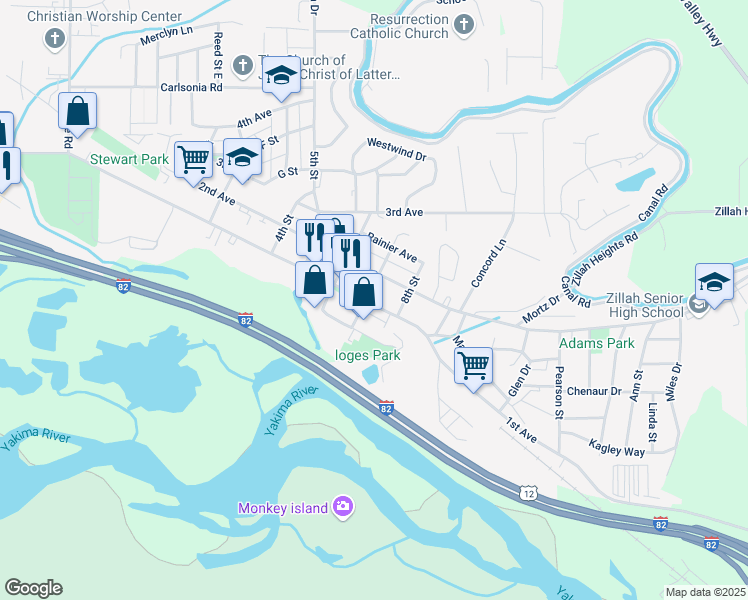 map of restaurants, bars, coffee shops, grocery stores, and more near 100 7th Street in Zillah