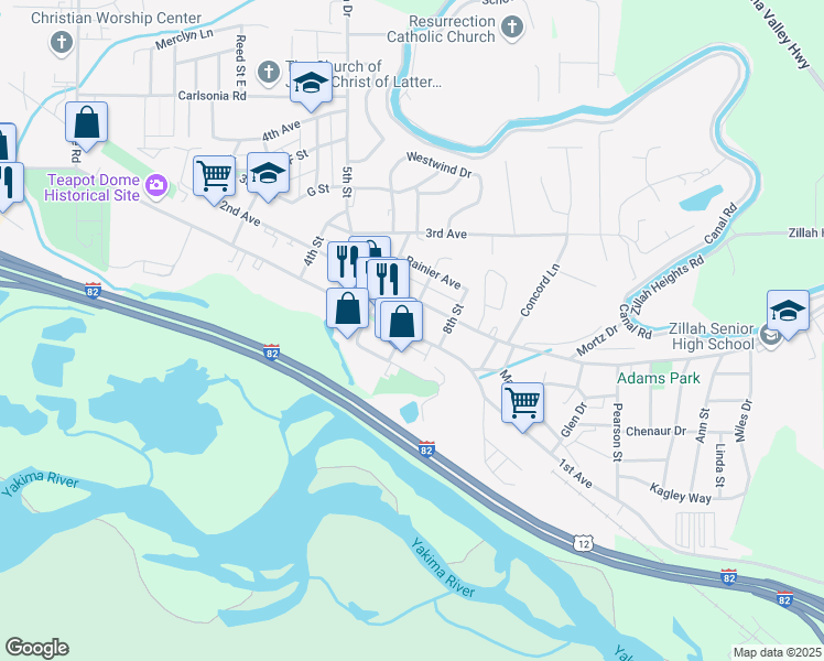map of restaurants, bars, coffee shops, grocery stores, and more near 100 7th Street in Zillah