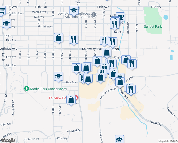 map of restaurants, bars, coffee shops, grocery stores, and more near 1805 19th Avenue in Lewiston