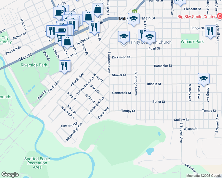 map of restaurants, bars, coffee shops, grocery stores, and more near 712 South Montana Avenue in Miles City