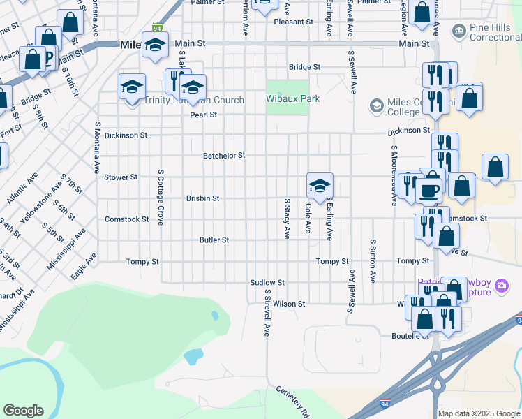 map of restaurants, bars, coffee shops, grocery stores, and more near 2101-2199 Comstock Street in Miles City