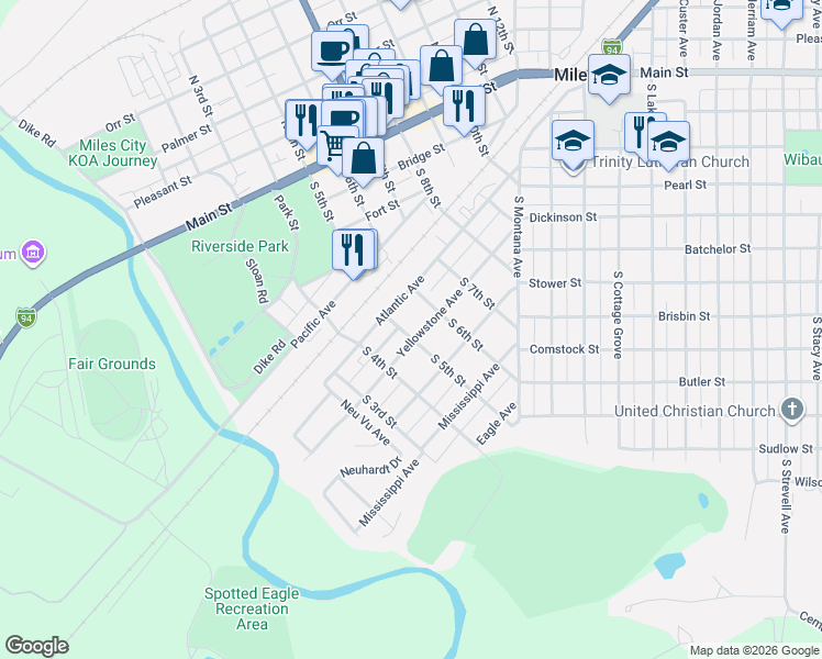 map of restaurants, bars, coffee shops, grocery stores, and more near 424 Yellowstone Avenue in Miles City