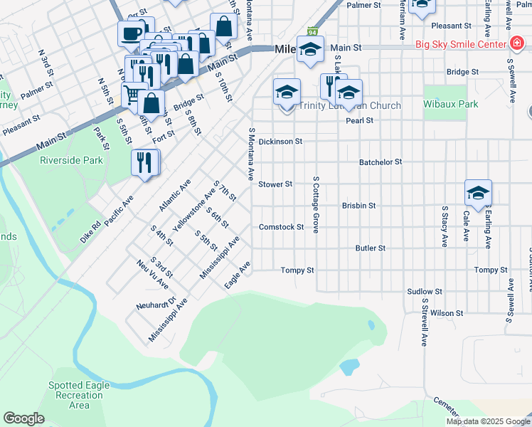 map of restaurants, bars, coffee shops, grocery stores, and more near 712 South Montana Avenue in Miles City