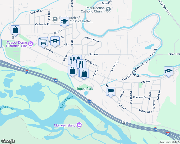map of restaurants, bars, coffee shops, grocery stores, and more near 704 2nd Avenue in Zillah