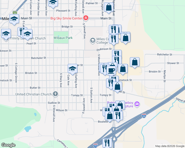 map of restaurants, bars, coffee shops, grocery stores, and more near 2701-2773 Comstock Street in Miles City