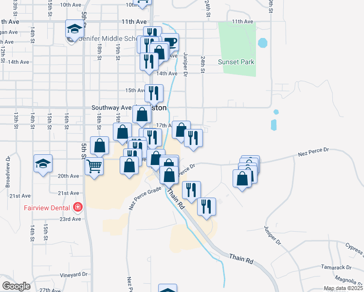 map of restaurants, bars, coffee shops, grocery stores, and more near 1815 21st Street in Lewiston
