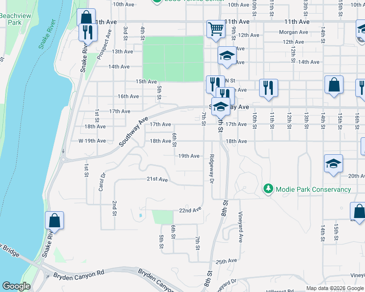 map of restaurants, bars, coffee shops, grocery stores, and more near 1710 6th Street in Lewiston