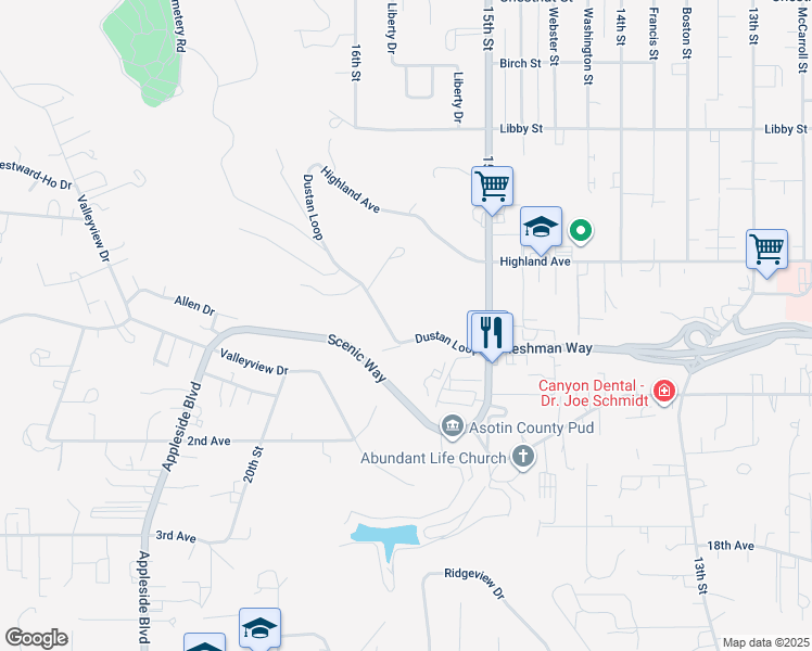 map of restaurants, bars, coffee shops, grocery stores, and more near 1600 Dustan Loop in Clarkston