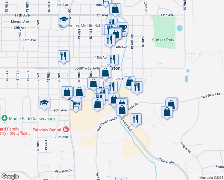 map of restaurants, bars, coffee shops, grocery stores, and more near 1815 21st Street in Lewiston