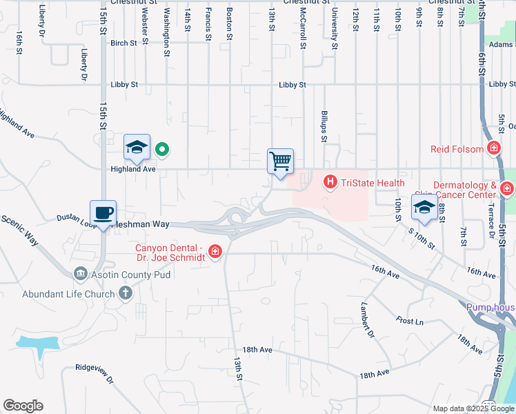 map of restaurants, bars, coffee shops, grocery stores, and more near 1461 13th Street in Clarkston
