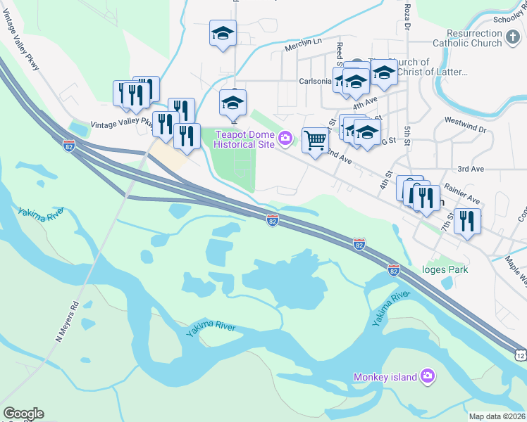 map of restaurants, bars, coffee shops, grocery stores, and more near Interstate 82 in Zillah