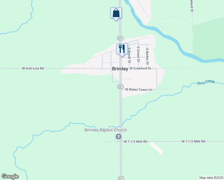 map of restaurants, bars, coffee shops, grocery stores, and more near 7134 Michigan 221 in Brimley