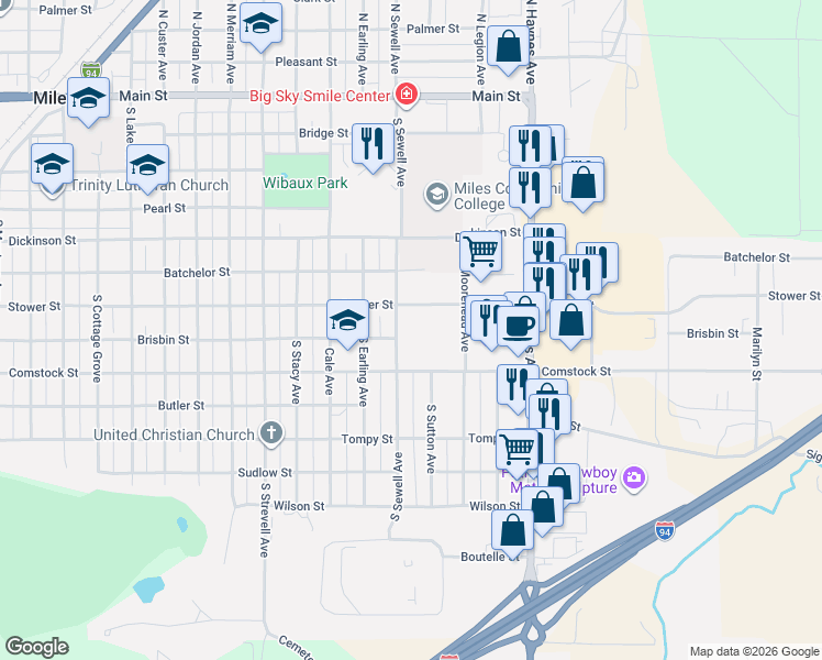 map of restaurants, bars, coffee shops, grocery stores, and more near 613 South Sewell Avenue in Miles City