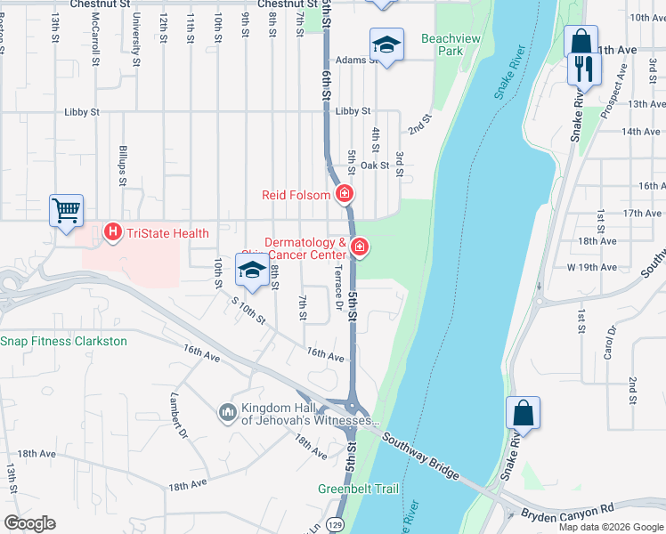map of restaurants, bars, coffee shops, grocery stores, and more near 1439 Terrace Drive in Clarkston