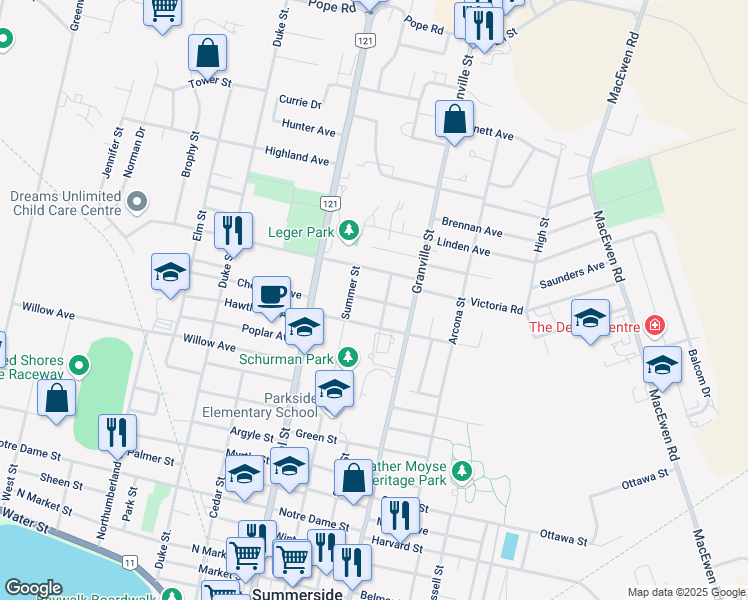 map of restaurants, bars, coffee shops, grocery stores, and more near 255 Coronation Avenue in Summerside