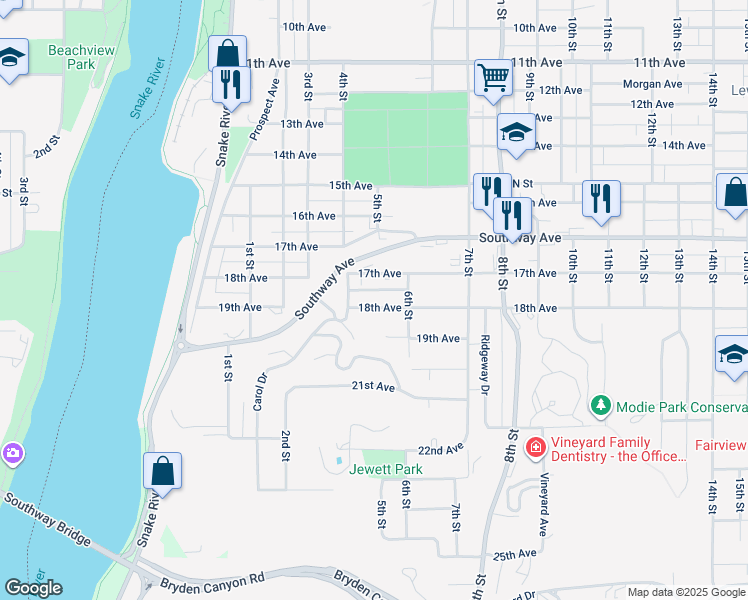map of restaurants, bars, coffee shops, grocery stores, and more near 521 18th Avenue in Lewiston
