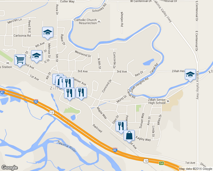 map of restaurants, bars, coffee shops, grocery stores, and more near Concord Drive in Zillah