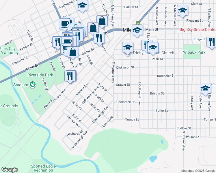 map of restaurants, bars, coffee shops, grocery stores, and more near 711 Missouri Avenue in Miles City