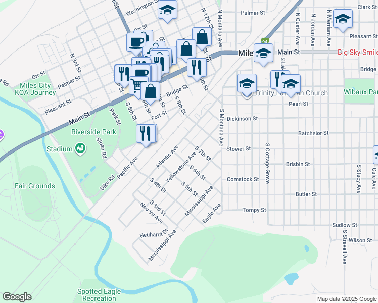 map of restaurants, bars, coffee shops, grocery stores, and more near 615 Yellowstone Avenue in Miles City