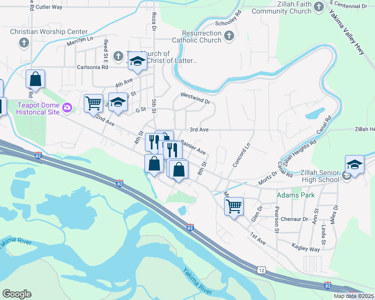 map of restaurants, bars, coffee shops, grocery stores, and more near 704 2nd Avenue in Zillah