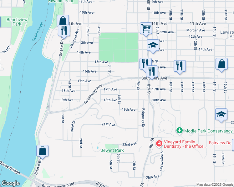 map of restaurants, bars, coffee shops, grocery stores, and more near 1710 6th Street in Lewiston
